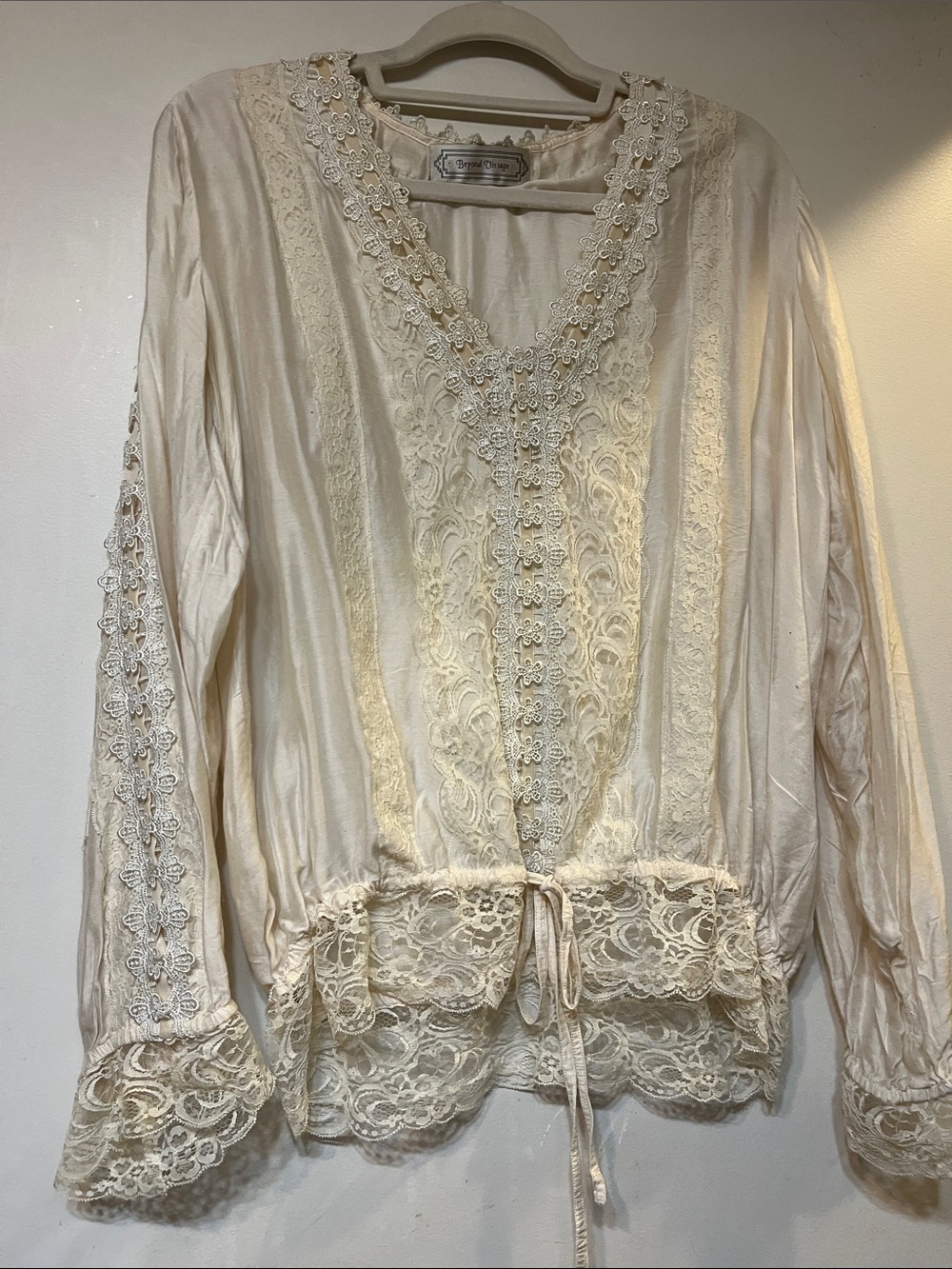 Boho Lace-Trim V-Neck Blouse - Cream Lace L